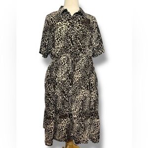 Kaktus Dress Leopard Print Brown Black Shirt Button Midi Size 2X